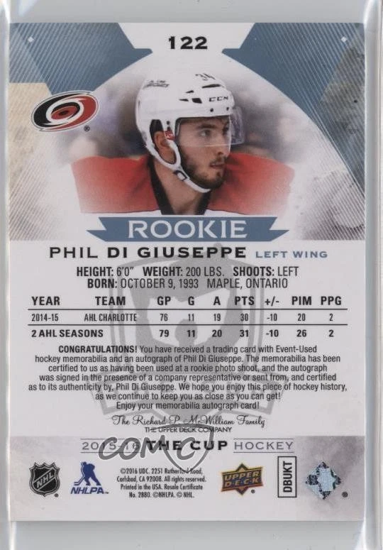 2015-16 Upper Deck The Cup /249 Phil Di Giuseppe #122 RPA Rookie Patch Auto RC - Image 2 of 2