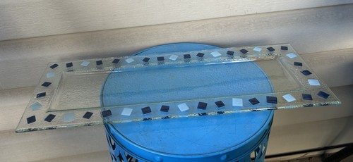 Light Blue Dark Blue Squares Art Deco Style Fused Glass Tray Platter 18"x 7"