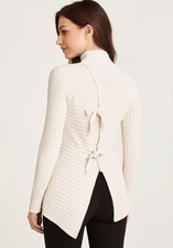 Cabi Ribbed Asymmetrical Tie Back Cream Mock Neck Long Sleeve Sweater #3363 Sz S