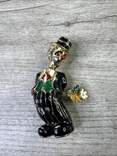 Clown w/ Flowers Brooch - Vintage Gold Tone Enamel Pin - Happy Red Nose Circus