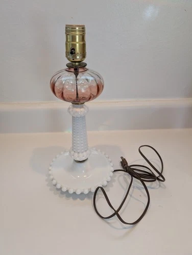 Vintage Milk Glass Hobnail Table Lamp With Pink Glass Accent No Shade