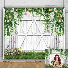 Spring Backdrop 10x10ft Summer Green Leaves Flower White Barn Door Backdrops ...