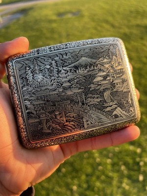 japanese damascene cigarette case Antique Japanese Damascene Cigarette Case Mt Fuji Dragon Brass