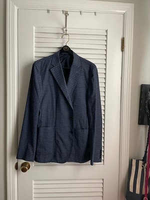 Hardy Amies Blue Windowpane Wool Cotton Mens Blazer Heddon Fit Unlined 44 R