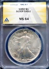1992 $1 Silver American Eagle MS 64 ANACS # 7919350 + Bonus