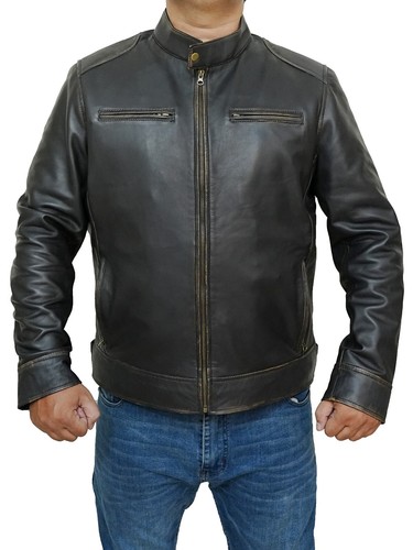 Men's New Moto Biker Cafe Racer Real Sheepskin Vintage Brown Leather Jacket - Picture 2 of 8