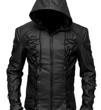 Handmade Men Roy Harper Black Arrow Jacket, Men Leather Jacket, Hooded Jacket