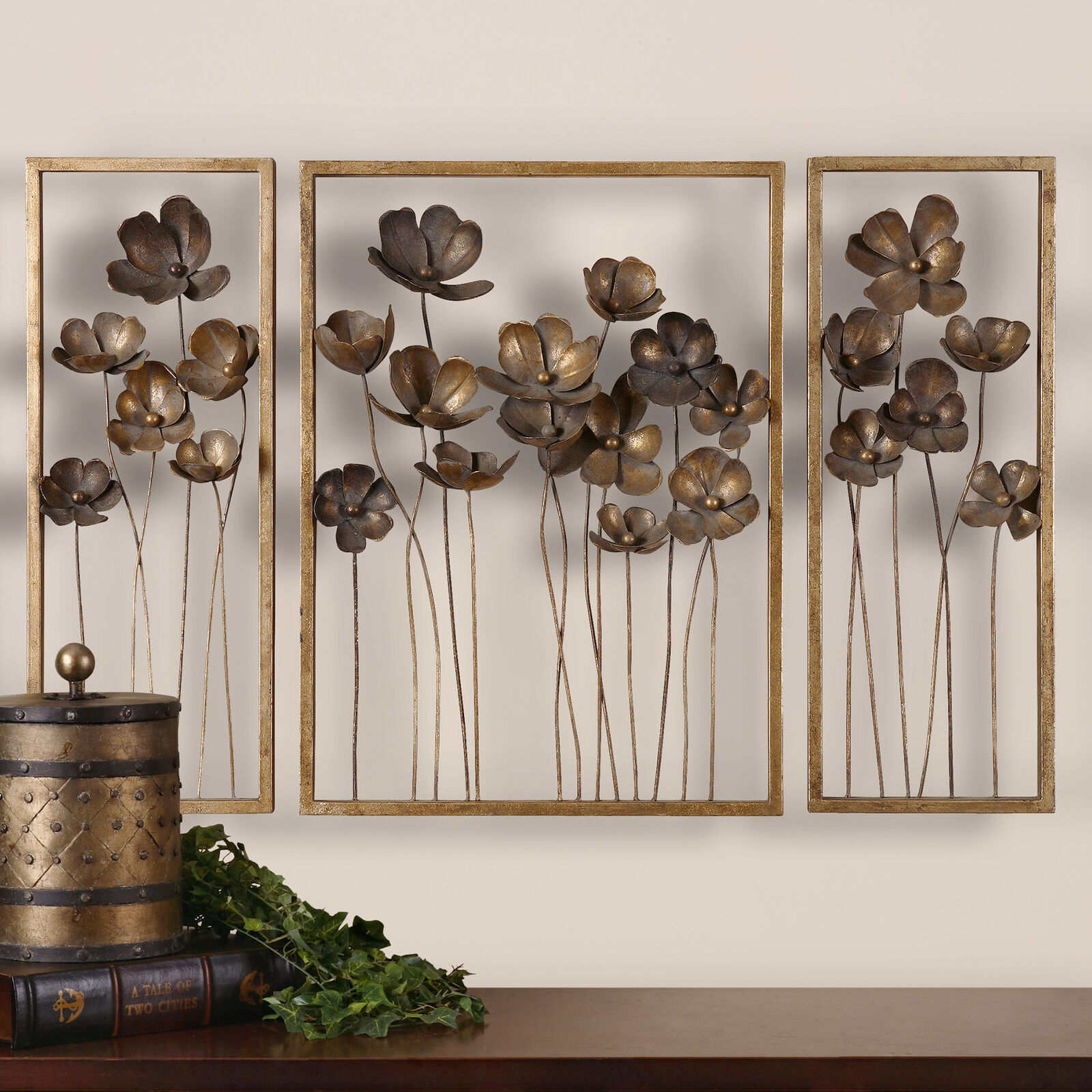 Elegant Contemporary Metal Flowers Wall Art Set 3 Gold Bronze Mid Century  Panels | eBay