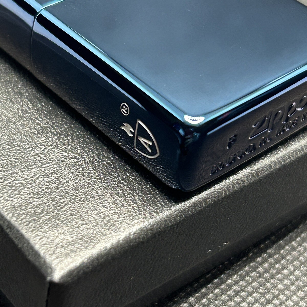 Zippo Armor Case Titanium Blue Side Logo Oil Lighter Etching Brass