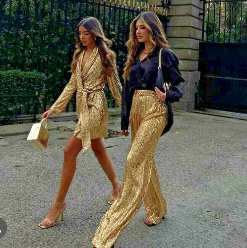 Zara Gold Sequin Wide Leg Trousers 