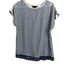 Women's Attention Blue Red Gray Abstract Round Neck Short Cap Sleeve Lace Hem M