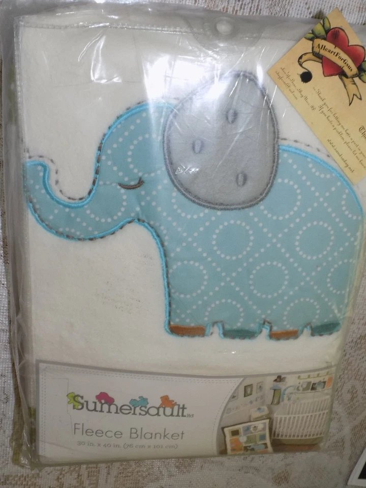 MANTA BEBÉ SUMERSAULT ELEFANTE TERCIOPELO POLAR NITEY NITE CREMA AZUL VERDE DOBLADILLO Foto 4 de 4