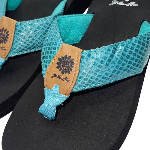 Yellow Box Flip Flops Teal Shiny Snakeskin Embossed Shimmer Wedge Sandal Faya - Picture 19 of 22