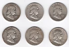 Qty 6 Ben Franklin Silver Half Dollars 90% Silver Coins 1949 thru 1963