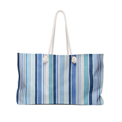 #ad Blue Striped Canvas Weekender Bag Coastal Tote Travel Carryall $51.68