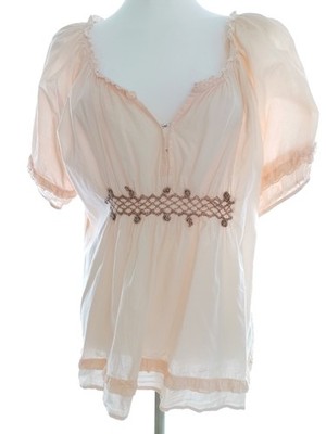 MONROW Damen Tunika Bluse Gr. L Puder Baumwolle 100% Kurzer Ärmel Stickerei