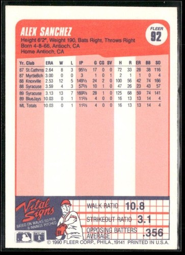 Fleer Canadian #92 Alex Sánchez 1990 - Imagen 2 de 2