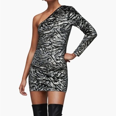 New!! AllSaints Deri Zebra Print Asymmetric Velvet Mini dress
