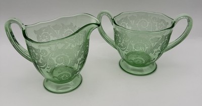 Rare Fostoria Acanthus Green Uranium Etched Depression Glass Cream Sugar Set
