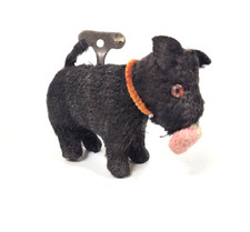 Vintage 1950s Japan Mohair Scottie Dog Wind-Up Toy - Works w/ Key Glass Eyes