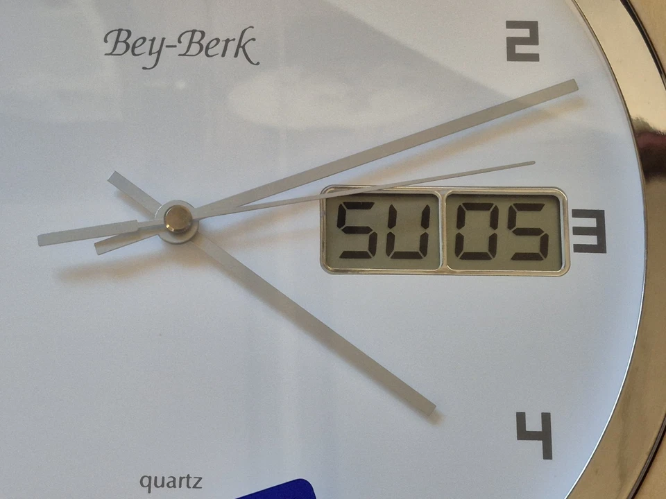 Bey-Berk Quartz Analog & Digital Round Wall Clock Wood Accent - Image 2 of 4