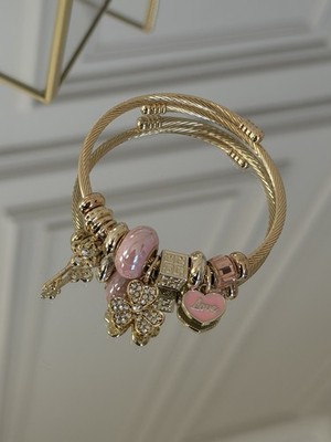 LuxeTreasures Vintage Stil Rosa und Gold Kleeblatt Manschette Bettelarmband Schmuck 