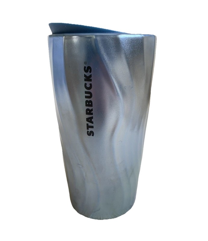 STARBUCKS Blue Iridescent Waves Ceramic Tumbler Metallic Shiny 12 oz Mug 2021 VG