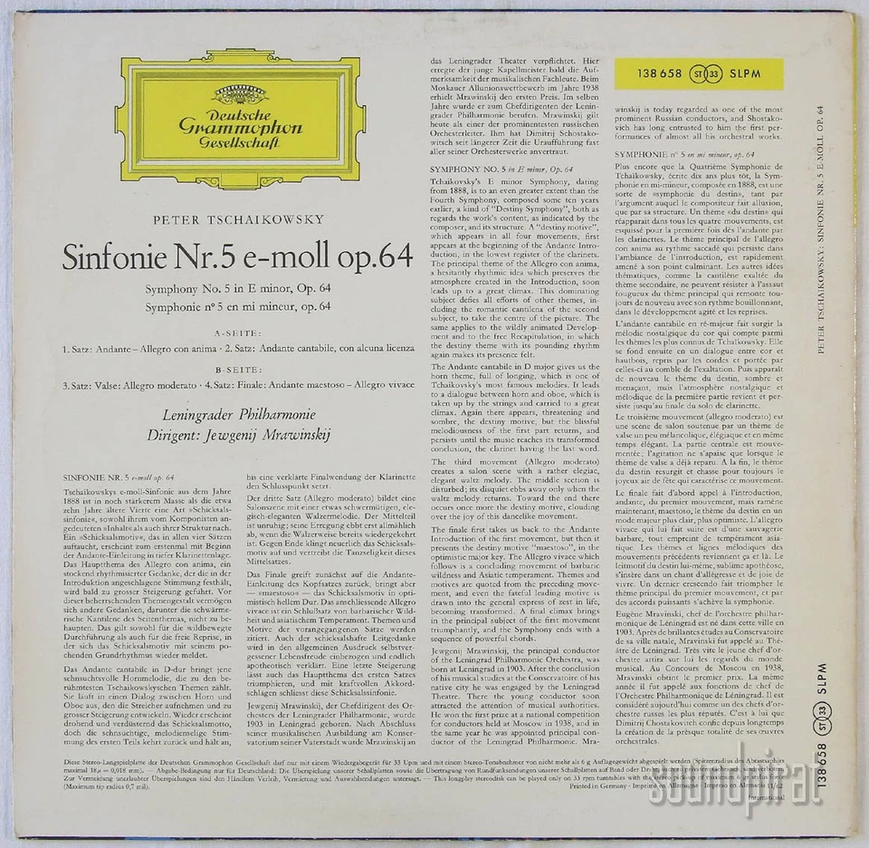 MRAVINSKY TCHAIKOVSKY SYMPHONY NO.5 DGG ED.1 RED STEREO TULIP SLPM 138658 NM - Image 2 of 3