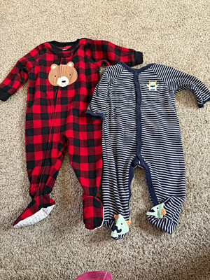 Carter's 6-9M 2pc Footed Fleece Zip Sleepers Plaid Bear & Monster Set