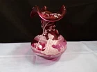 Fenton Cranberry Glass Hand Painted Vase Mary Gregory Girl w/ Cat INV2