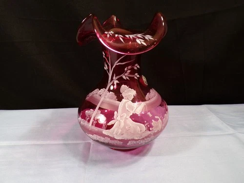 Fenton Cranberry Glass Hand Painted Vase Mary Gregory Girl w/ Cat INV2