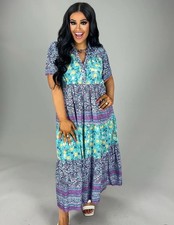 Umgee USA Blue Mint Mix Tiered Midi Dress Floral Paisley Boho Gypsy Fairy Small