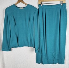 VTG Misho Womens 2-Piece Silk Midi Skirt Outfit Turquoise Size 12 Lined Wedding