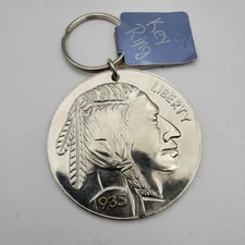 Large 3" Diameter Buffalo Indian Head Nickel Novelty Keychain Shiny Metal VGC 