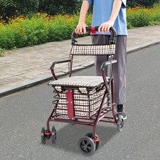 Rolling Storage Cart Foldable Walker with Seat for Seniors, Walking Aids w/Seat