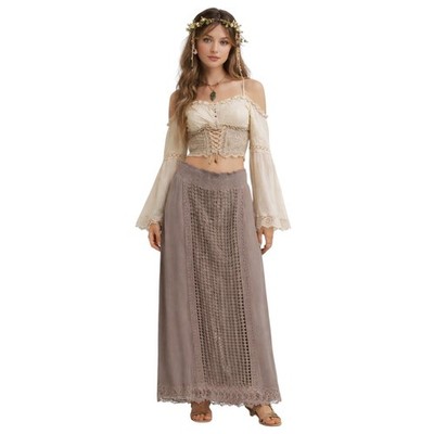 Chico's Crochet Lace Maxi Skirt Taupe Smocked Boho Forest Fairy Cottage 0 Small
