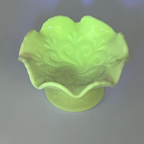 Antique Custard Glass Compote Question Mark Pattern GLOWS Wright & Dugan Glass