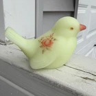 Vintage Fenton Custard Satin Glass Bird Hand Painted and Signed, Orange Floral