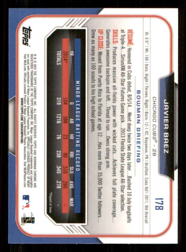 2015 Bowman Chrome #178 Javier Baez RC - Image 2 of 2