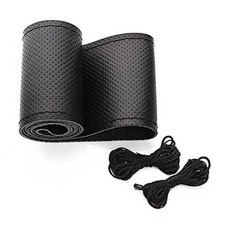 Universal Leather Car Steering Wheel Stitch On Wrap Cover DIY Sewing Black