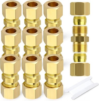 10PCS Brass Compression Tube Pipe Fitting Connector, 1/4'' Tube OD X 1/4'' Tube OD