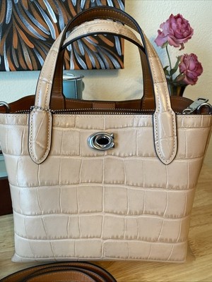 Coach Willow Tote 24 Embossed Croc Crossbody Shoulder Bag Buff Silver Hardware
