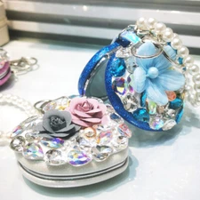 Mini Make Up Mirror Double-side Heart Rhinestone Flower Pearl Chain Handheld