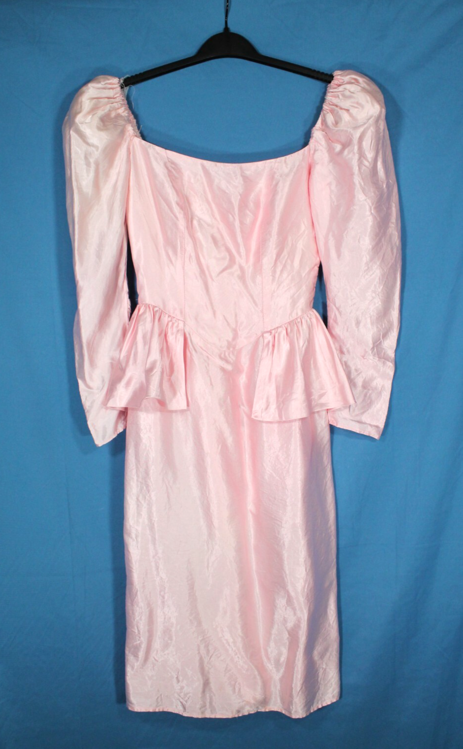 VTG 80's DANCE-ALLURE Pink SATIN Puff Sleeve PROM BRIDEMAID Peplum Dress Sz S