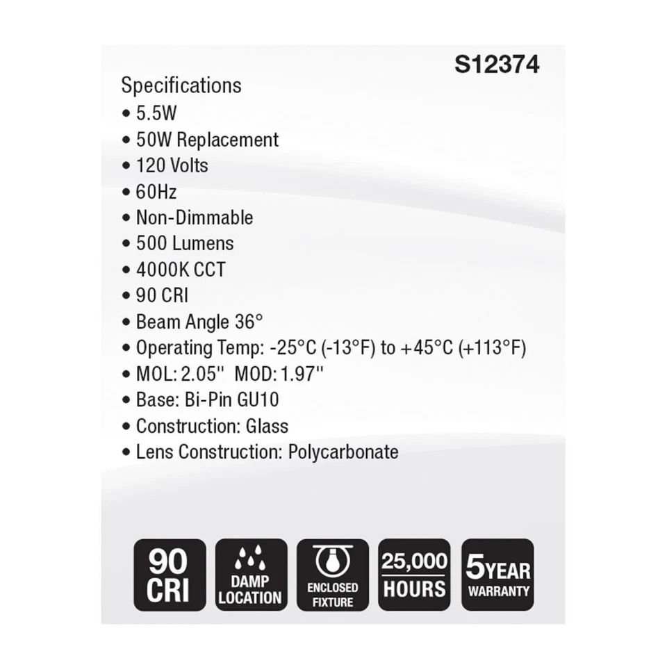 Satco S12374 - 5.5 Watt MR16 LED Floodlight - 4000K CCT - 120 V (2,6, or 12 PK) - Image 3 of 4