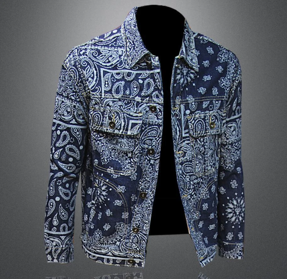 Mens Retro Distressed Denim Coat Basic Jean Jacket Printed Button Casual Outwear