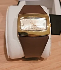 New Unworn Anne Klein Rectangular Gold-Tone Face Bold Brown Leather Strap Watch