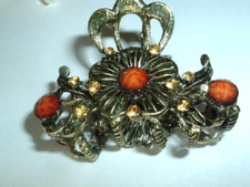 Amber Glass and Rhinestone Foral Hair Claw Clip NWT