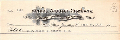 1913 CROSS ABBOTT COMPANY GROCER COFFEE ROASTERS WHITE RIVER JUNCTION VT CV294