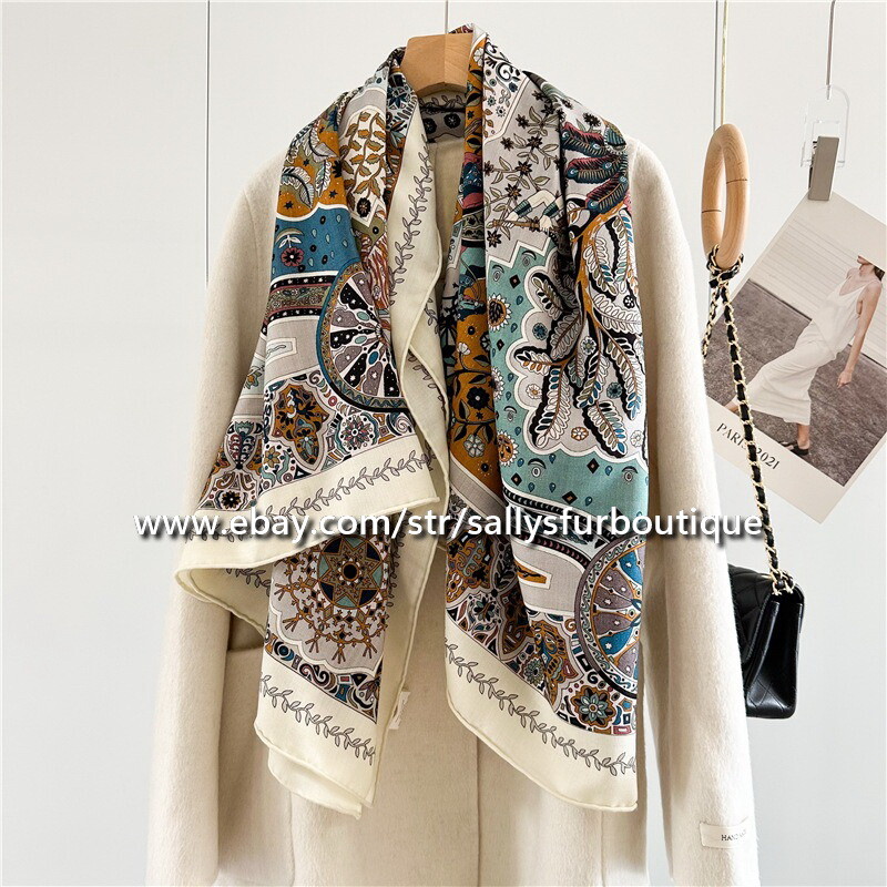 Sallys 70% Cashmere 30% Silk Paisley Print Double Face Shawl Wrap Scarf 53 Inches